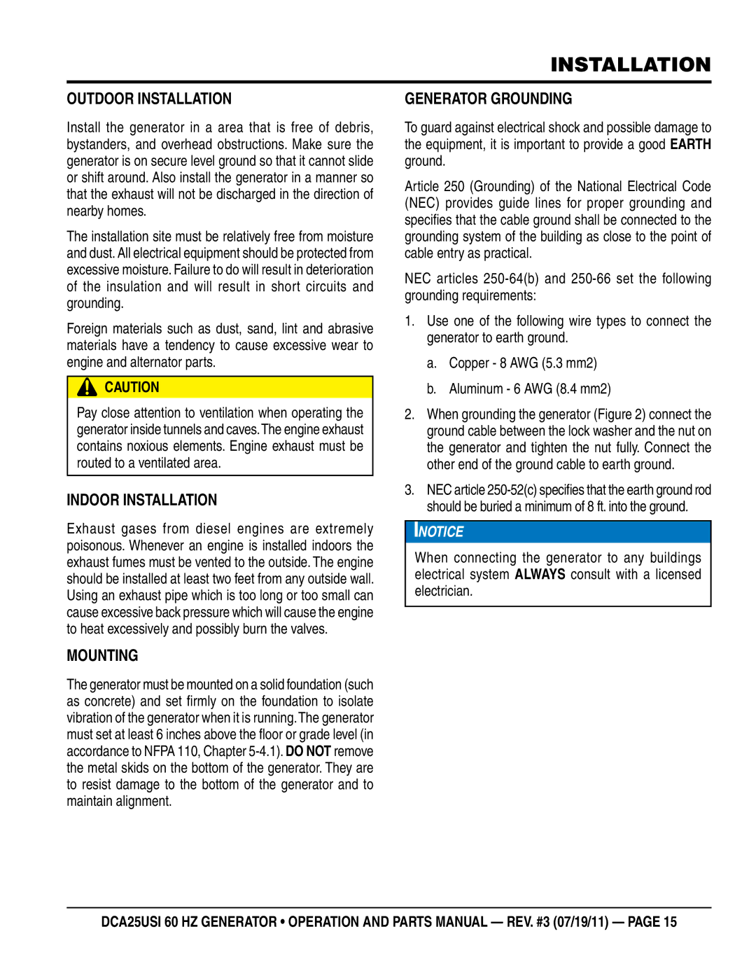 Multiquip DCA25USI manual Outdoor Installation, Indoor Installation, Mounting, Generator Grounding 