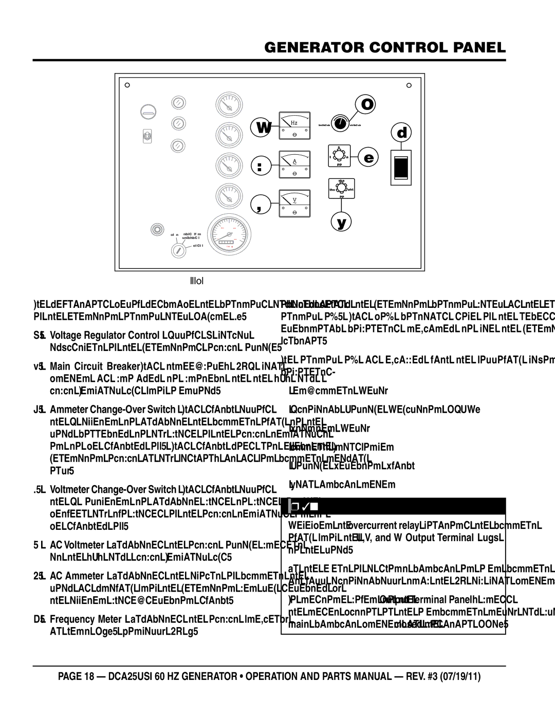 Multiquip DCA25USI manual Generator Control Panel 