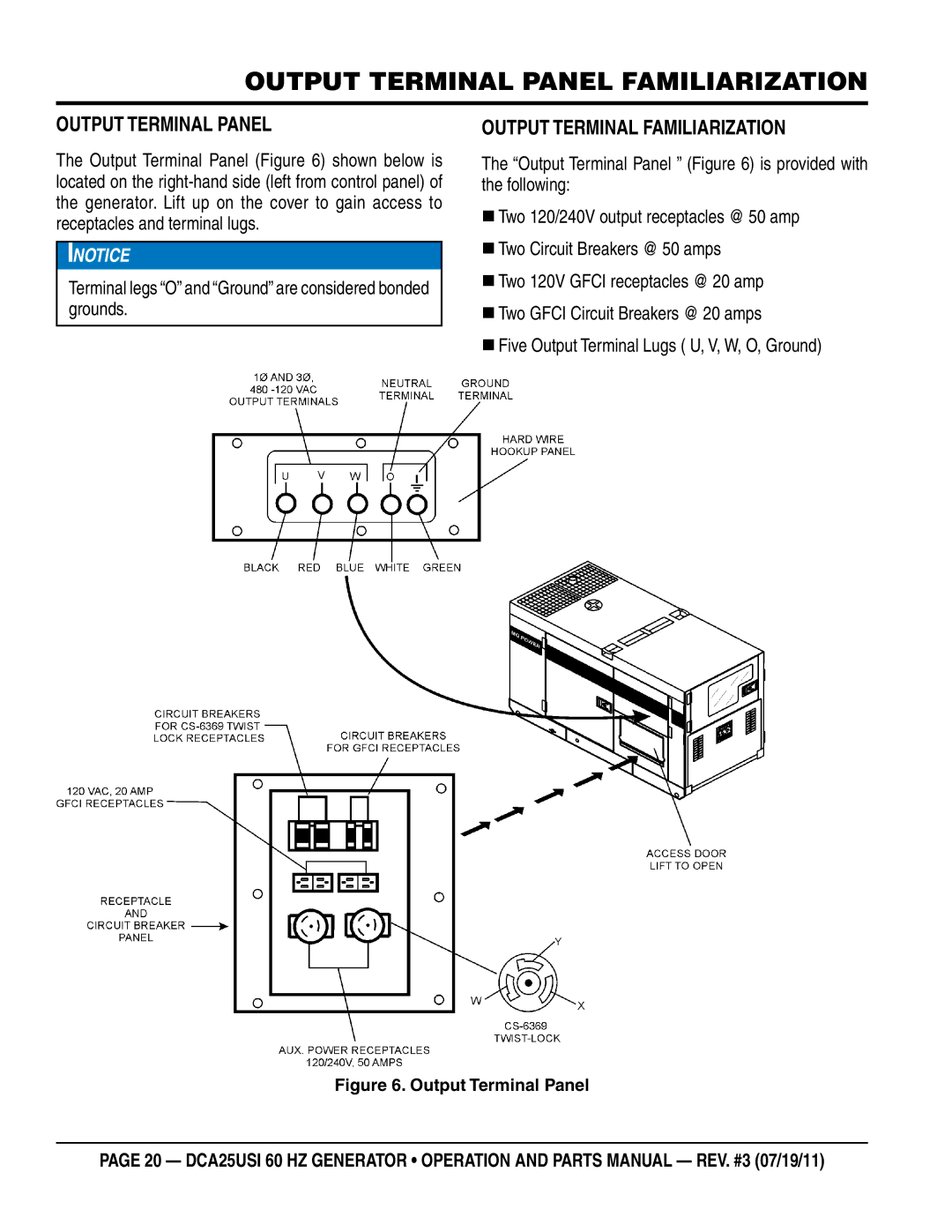 Multiquip DCA25USI manual Output Terminal Familiarization, Terminal legs O and Ground are considered bonded grounds 