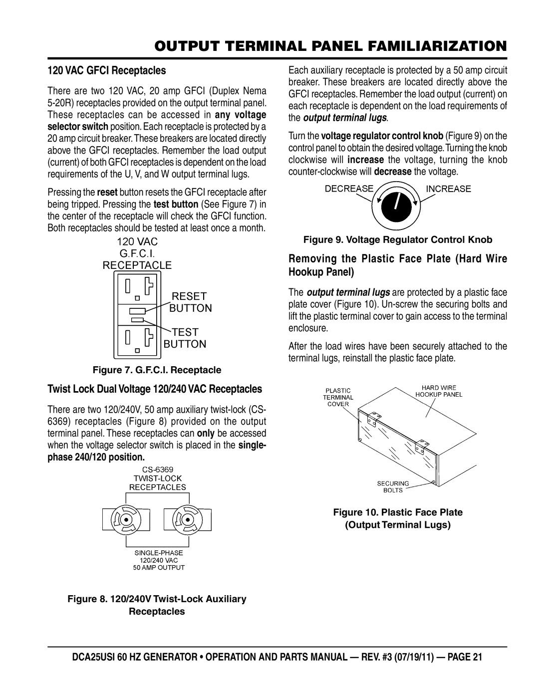 Multiquip DCA25USI manual VAC Gfci Receptacles, Removing the Plastic Face Plate Hard Wire Hookup Panel 