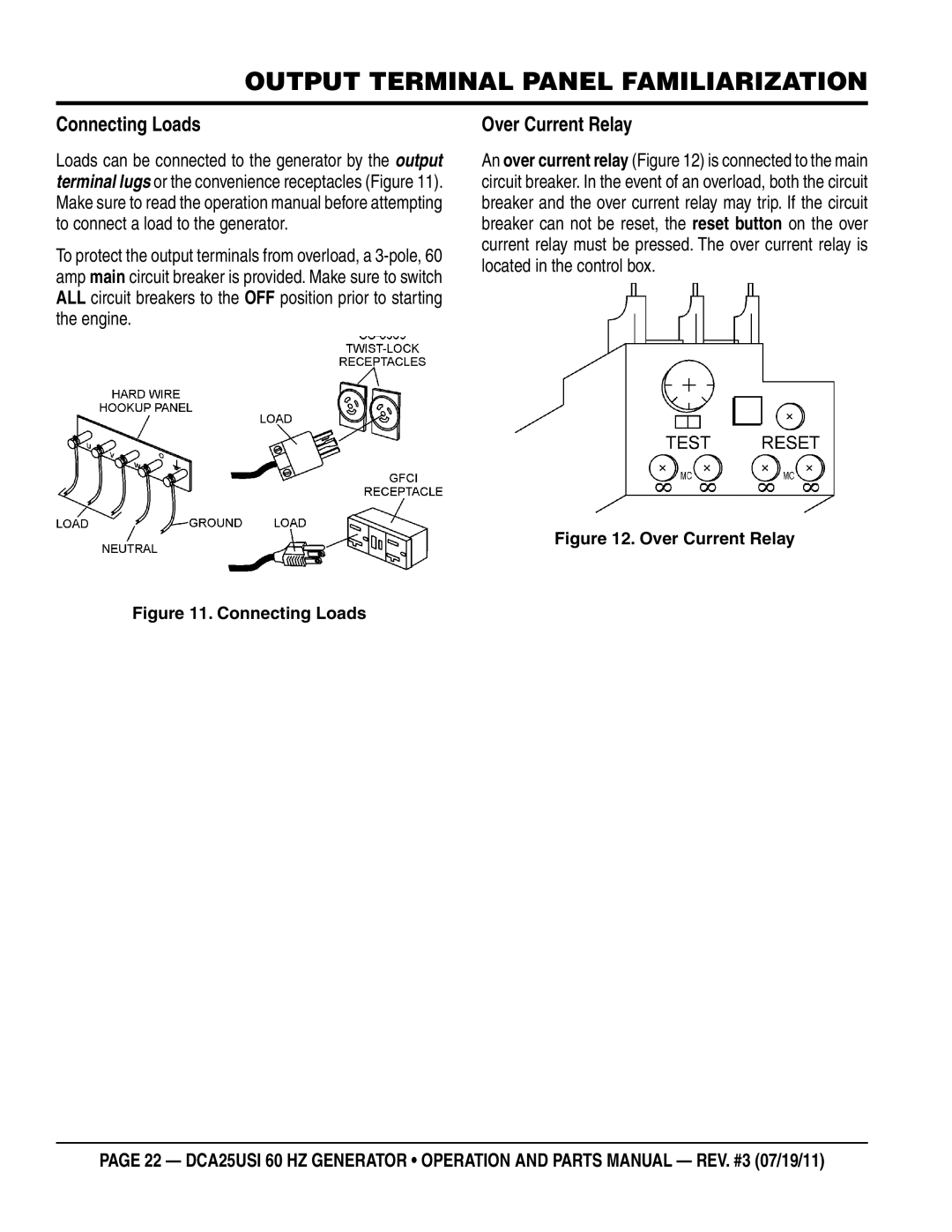 Multiquip DCA25USI manual Connecting Loads, Over Current Relay 