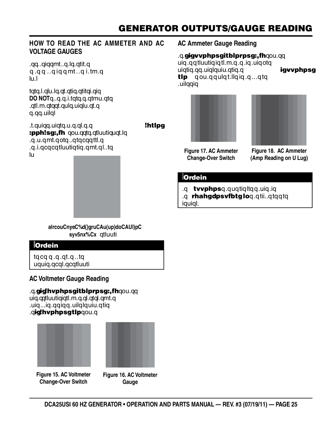 Multiquip DCA25USI manual Generator OUTPUTS/gauge reading, How to Read the ac ammeter and ac voltage gauges 