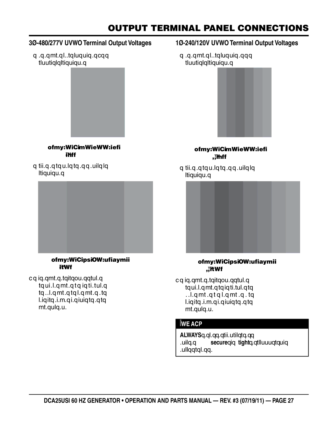 Multiquip DCA25USI manual 3Ø-480/277V Uvwo Terminal Output Voltages, 1Ø-240/120V Uvwo Terminal Output Voltages 