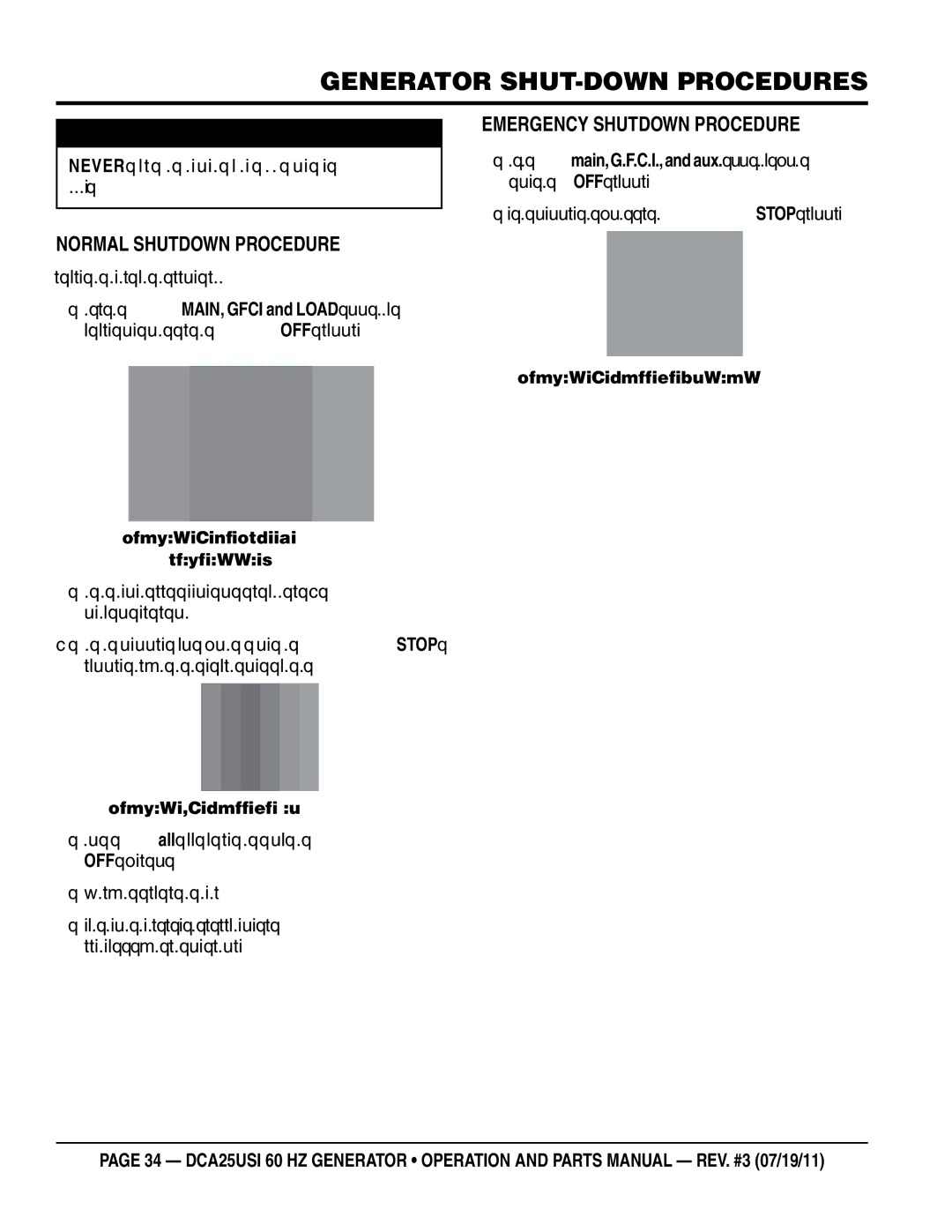 Multiquip DCA25USI manual Normal Shutdown Procedure, Emergency Shutdown Procedure 