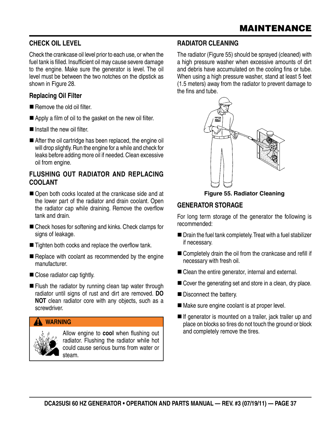 Multiquip DCA25USI Check Oil Level, Replacing Oil Filter, Flushing Out Radiator and Replacing Coolant, Radiator Cleaning 