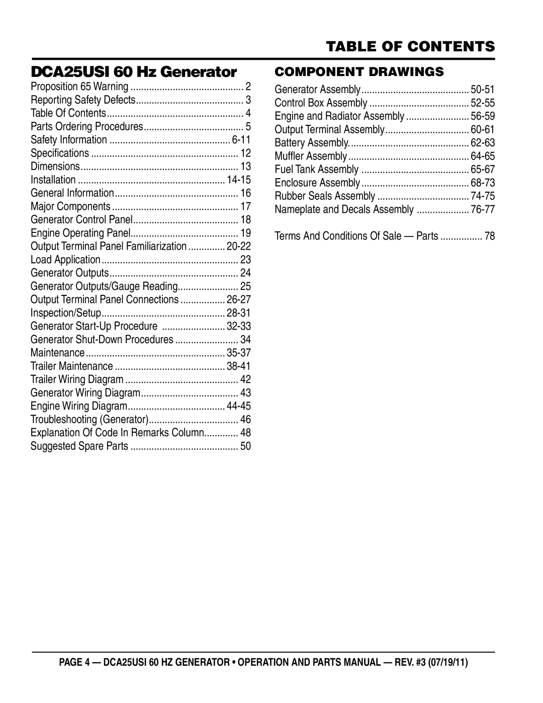 Multiquip manual DCA25USI 60 Hz Generator, Table of Contents 