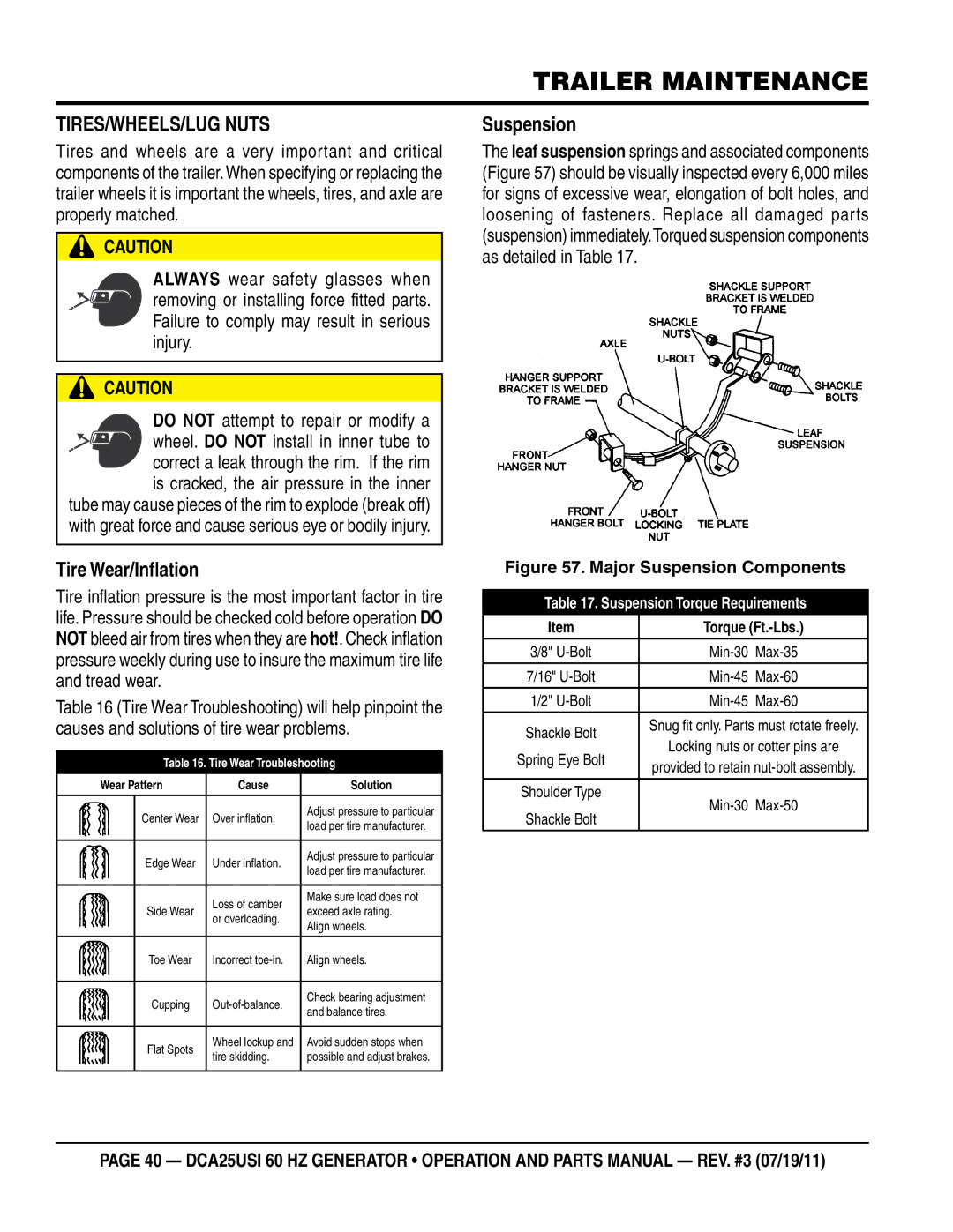 Multiquip DCA25USI manual Tires/Wheels/Lug Nuts, Tire Wear/Inflation, Suspension 