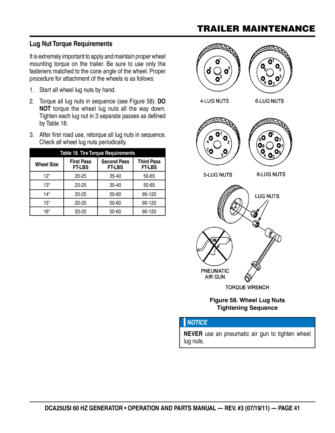 Multiquip DCA25USI manual Lug Nut Torque Requirements, Never use an pneumatic air gun to tighten wheel lug nuts 