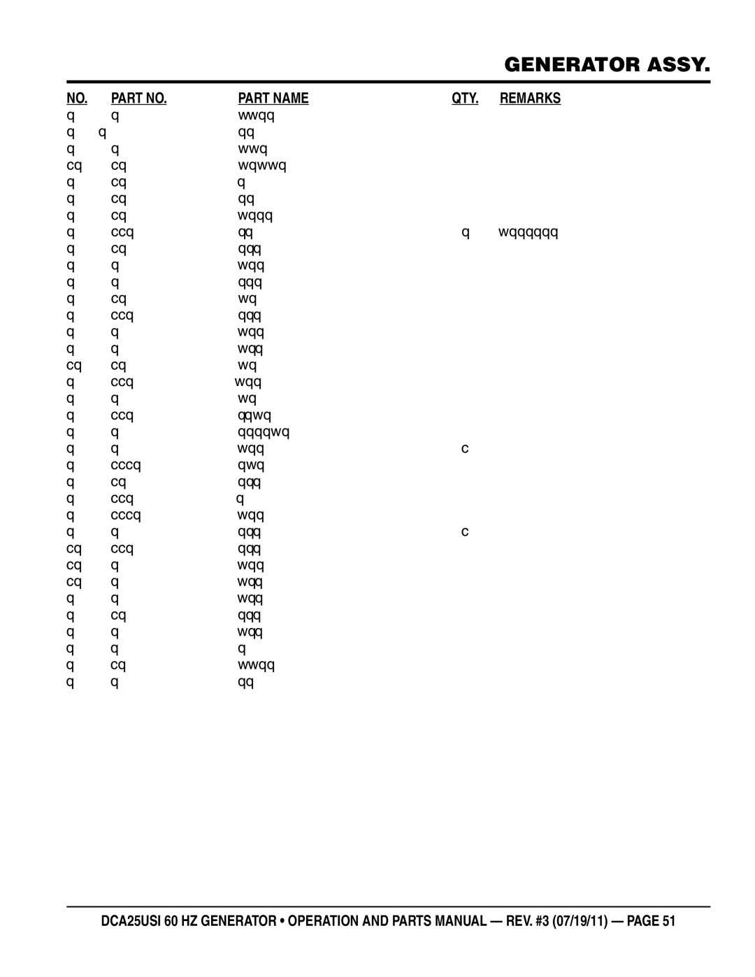 Multiquip DCA25USI manual B1110200602, 7961025004, 0601822630, 8001070003, 8351611004, 8351612004, B1112300003, 0010310025 