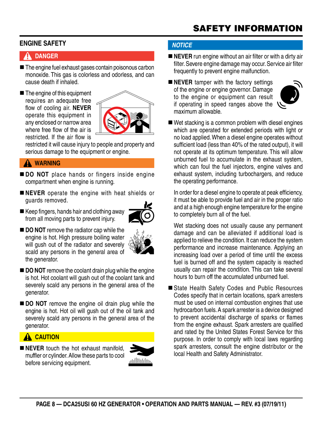 Multiquip DCA25USI manual Engine saFeTY, Restricted. If the air fl ow is 