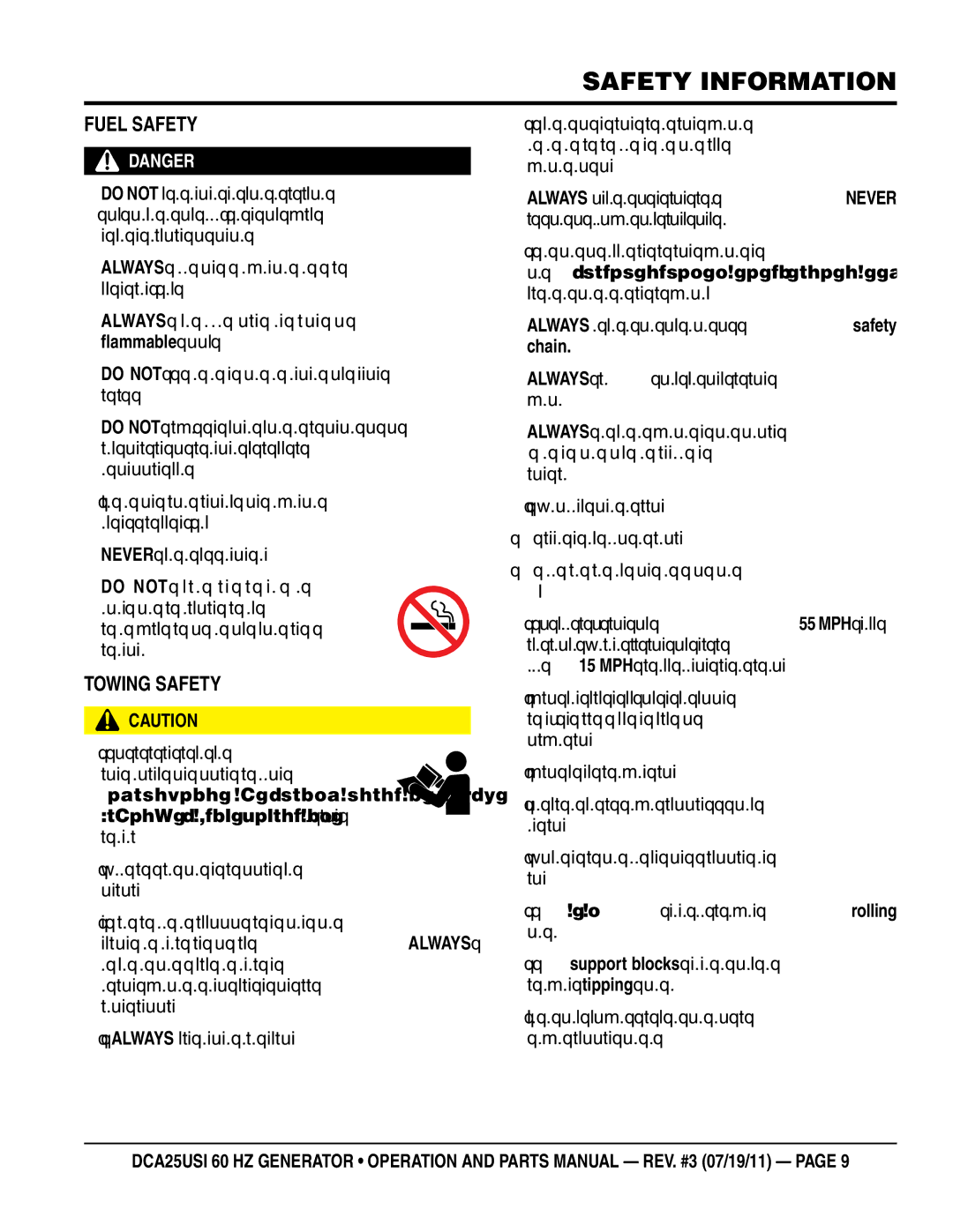 Multiquip DCA25USI manual FUel saFeTY, ToWing saFeTY, „ never use fuel as a cleaning agent 