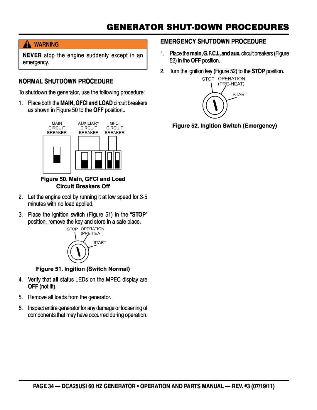 Multiquip DCA25USI manual Generator Shut-Down Procedures, Normal Shutdown Procedure, Emergency Shutdown Procedure 