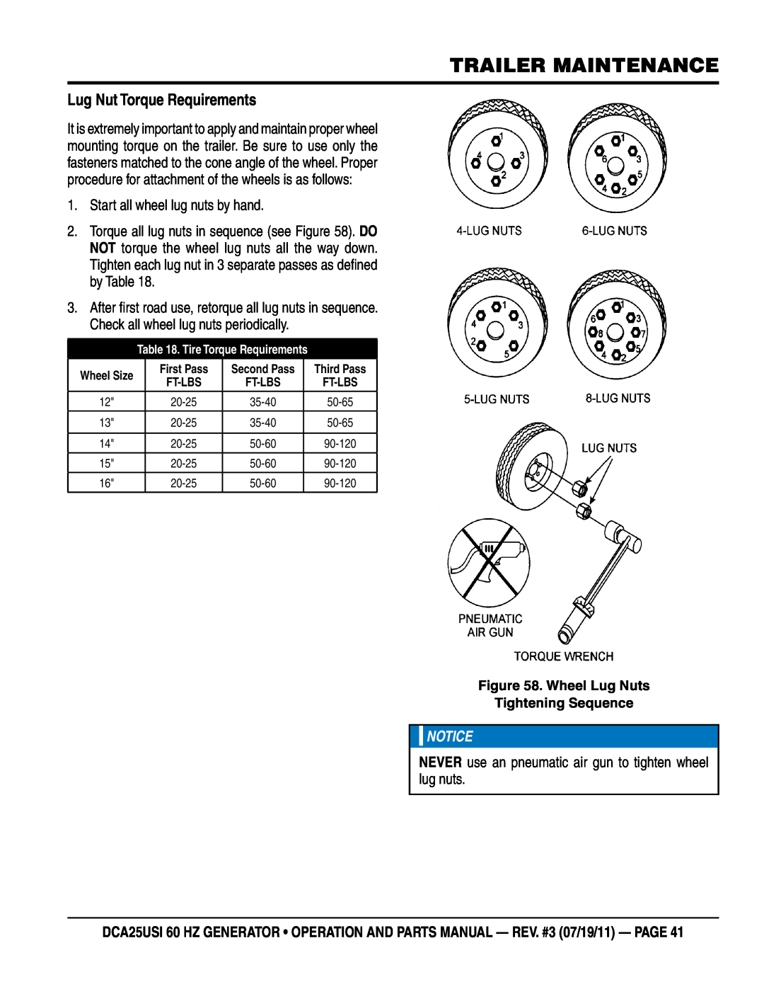 Multiquip DCA25USI manual Lug Nut Torque Requirements, Trailer Maintenance, Wheel Lug Nuts Tightening Sequence, Wheel Size 