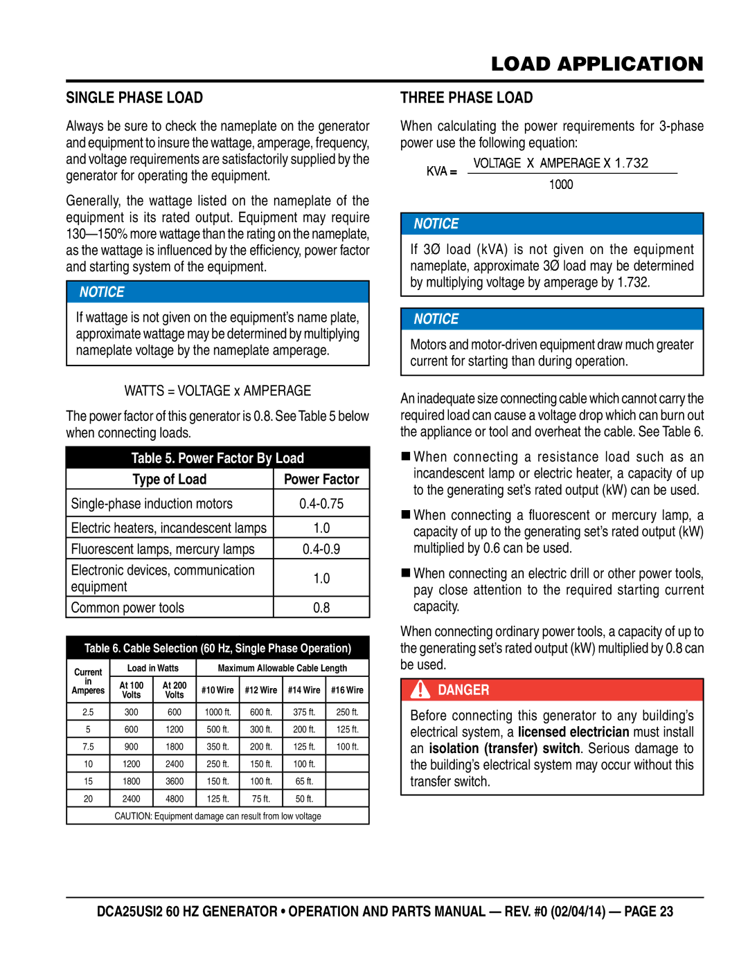 Multiquip dca25USI2 manual Load Application, Single Phase Load, Three Phase Load 