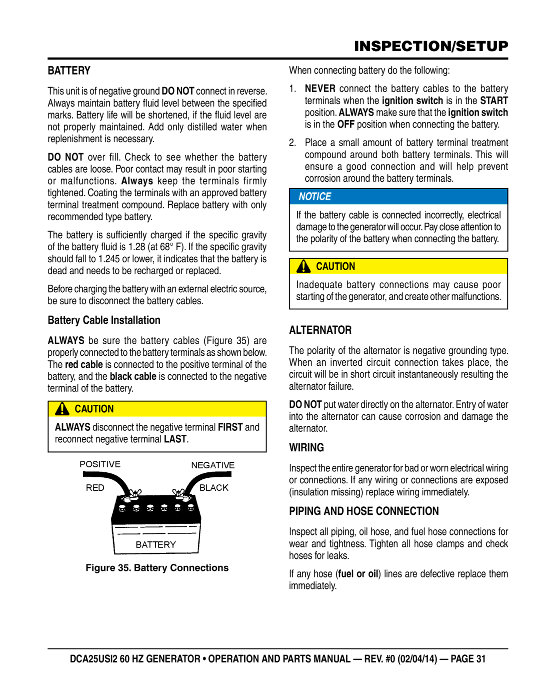 Multiquip dca25USI2 manual Battery Cable Installation, Alternator, Wiring, Piping and Hose Connection 