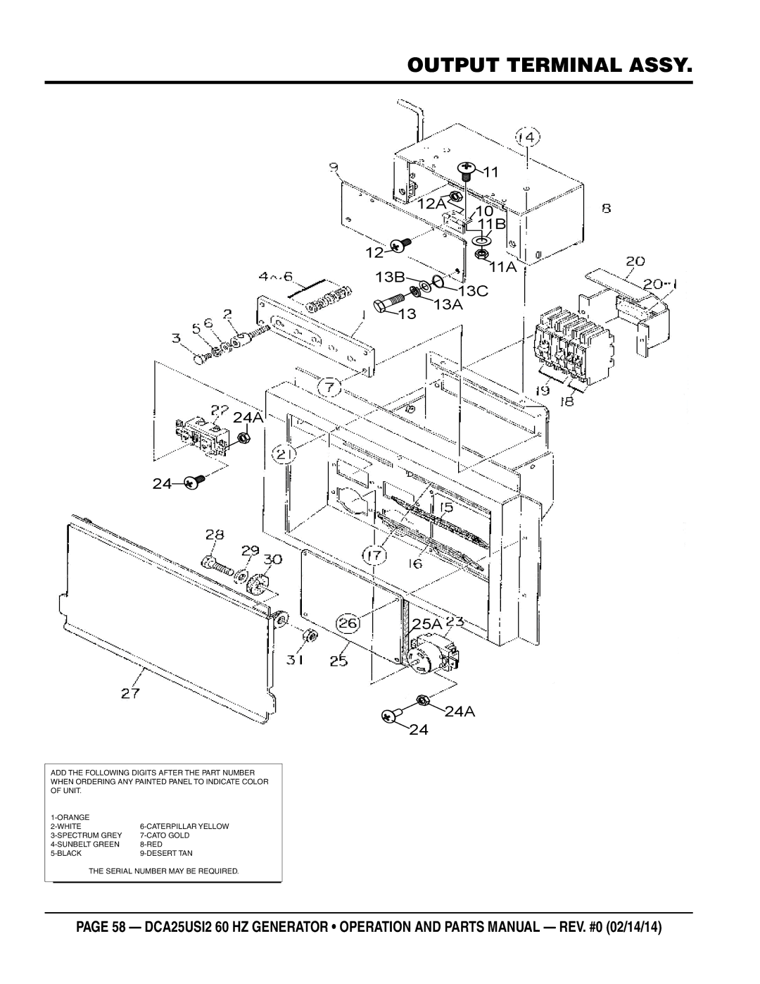 Multiquip dca25USI2 manual Output Terminal Assy, 12A 11B 11A 13B 13C 13A 24A 25A 