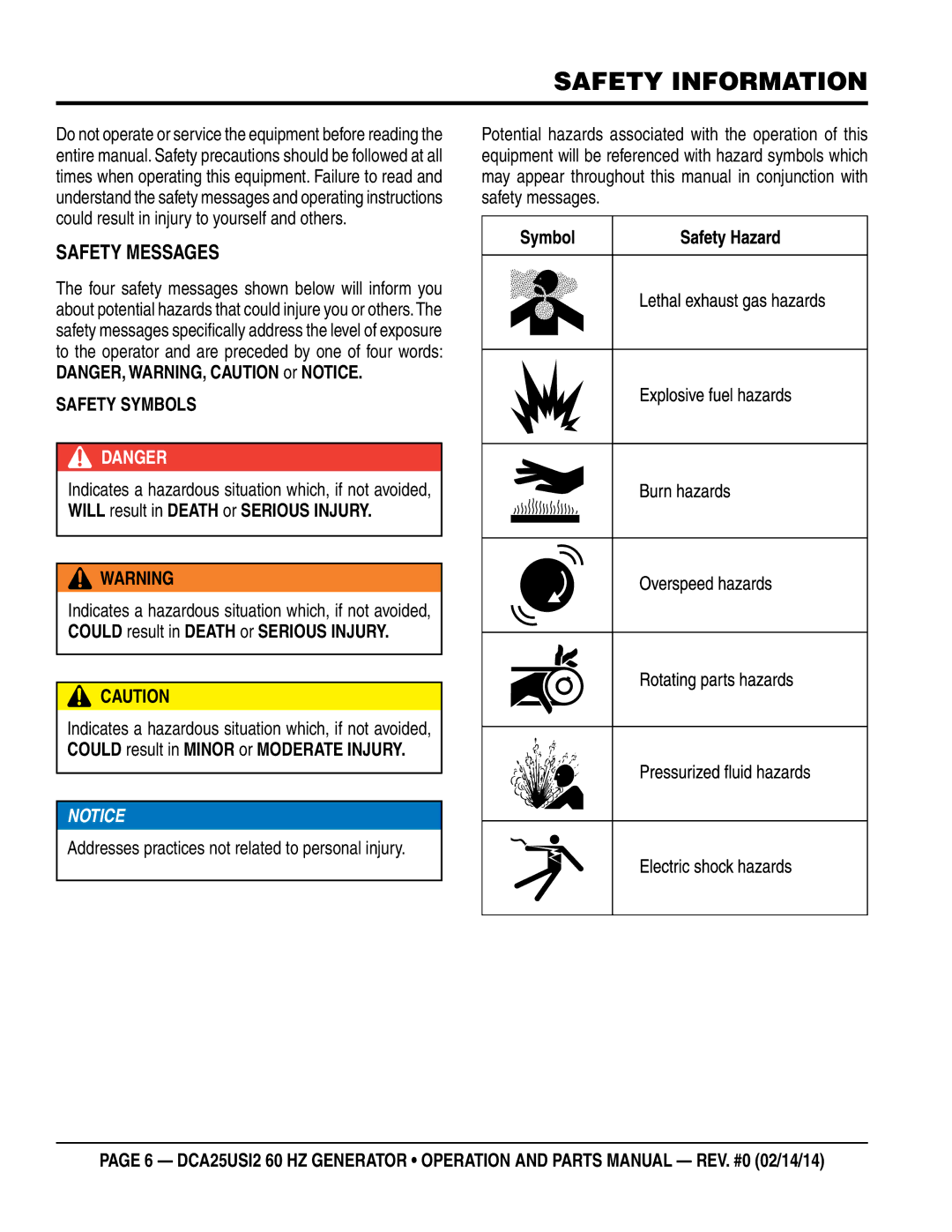 Multiquip dca25USI2 manual Safety Information, SaFetY messages 