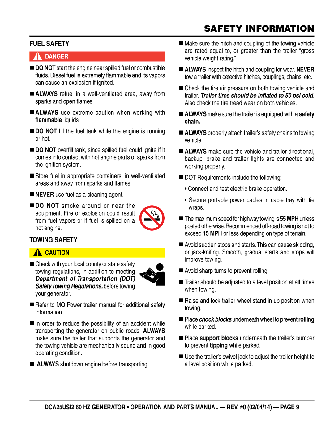 Multiquip dca25USI2 manual FUel saFetY, „ never use fuel as a cleaning agent 