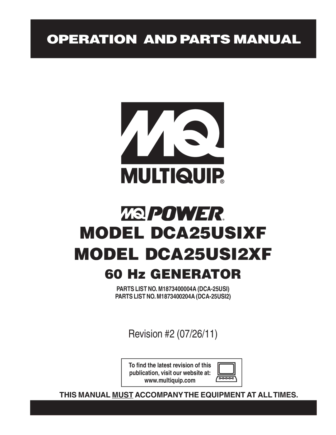 Multiquip operation manual Model DCA25USIXF Model DCA25USI2XF 