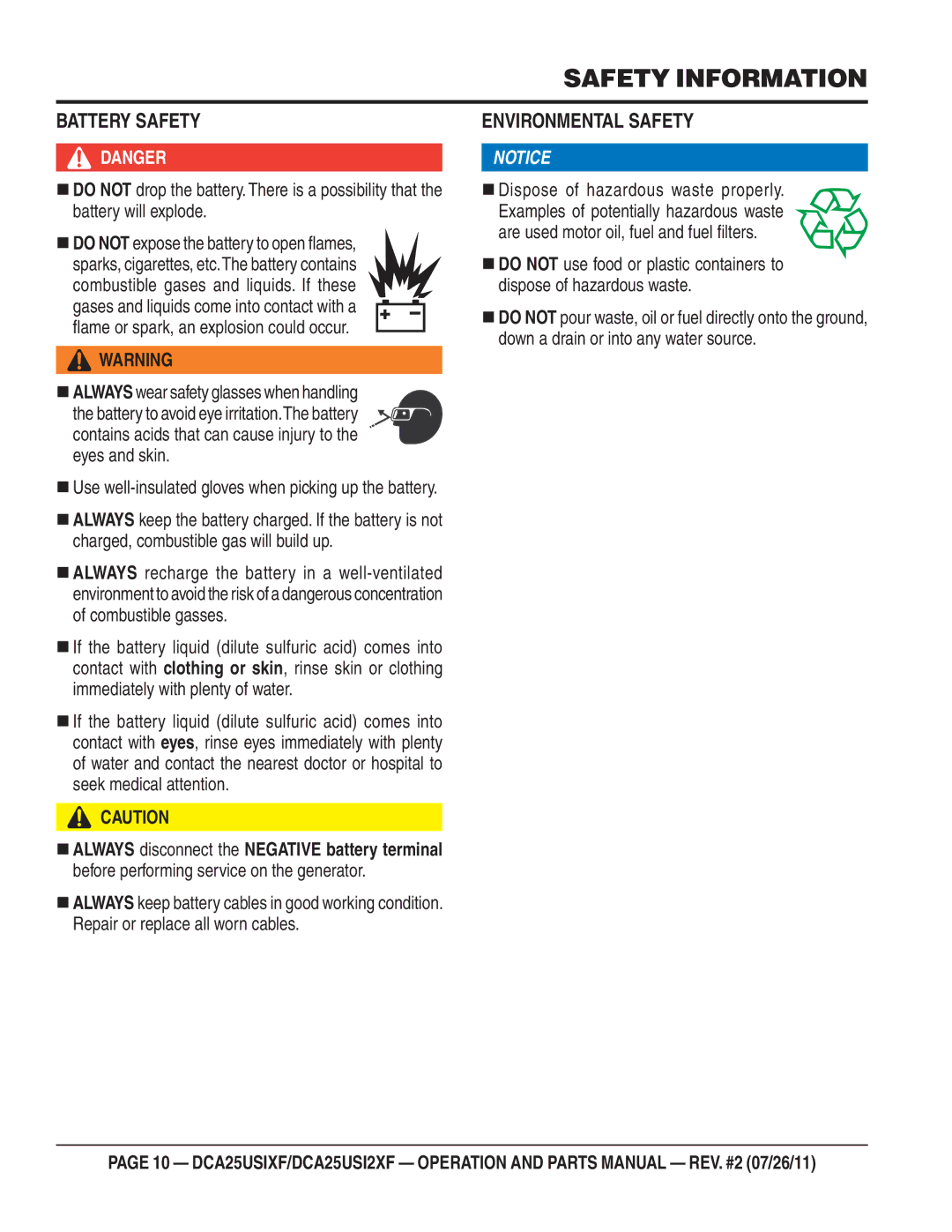 Multiquip DCA25USIXF, DCA25USI2XF operation manual Battery Safety, Environmental Safety 