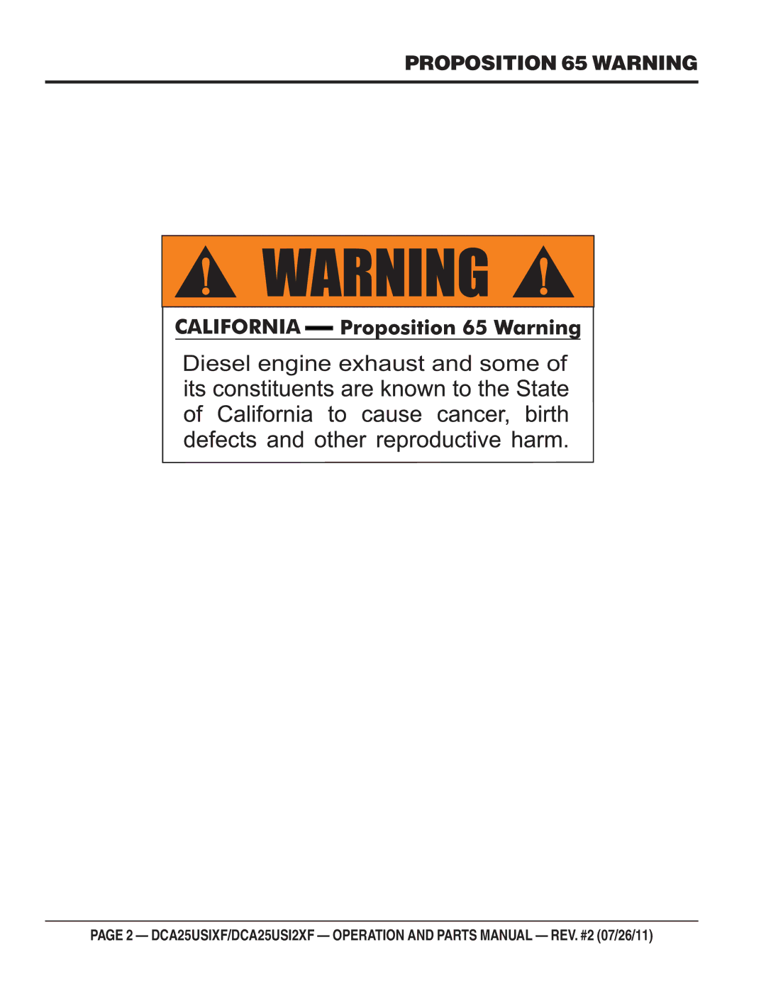 Multiquip DCA25USIXF, DCA25USI2XF operation manual Diesel engine exhaust and some, Proposition 65 Warning 