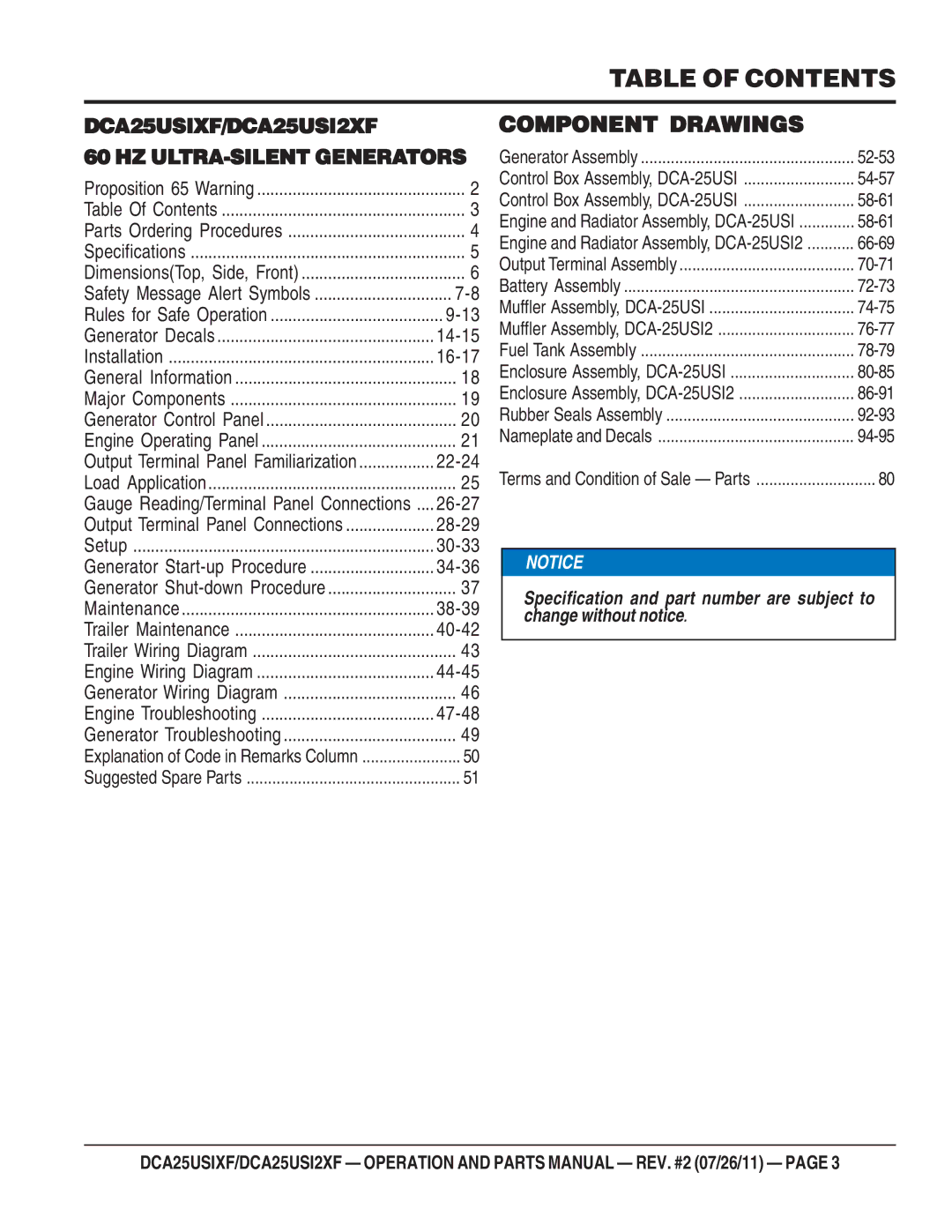 Multiquip DCA25USI2XF, DCA25USIXF operation manual Table of Contents 