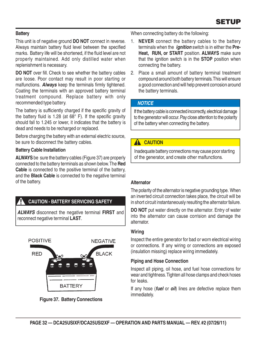 Multiquip DCA25USIXF, DCA25USI2XF Battery Cable Installation, Alternator, Wiring, Piping and Hose Connection 