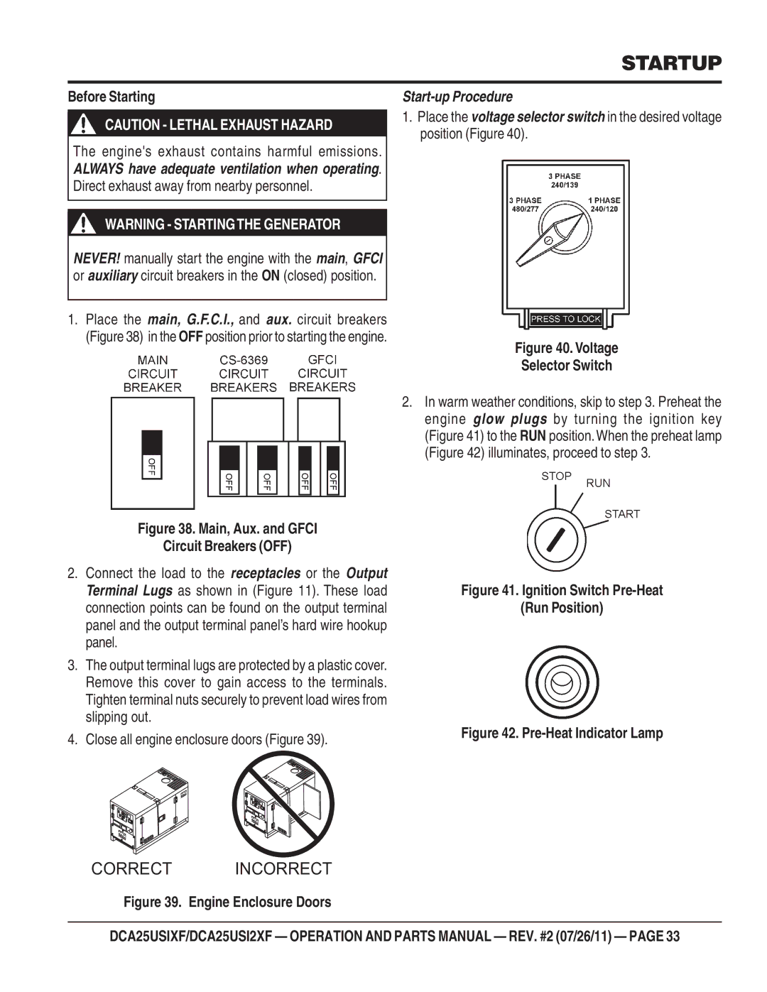 Multiquip DCA25USI2XF, DCA25USIXF operation manual Startup, Before Starting, Engines exhaust contains harmful emissions 