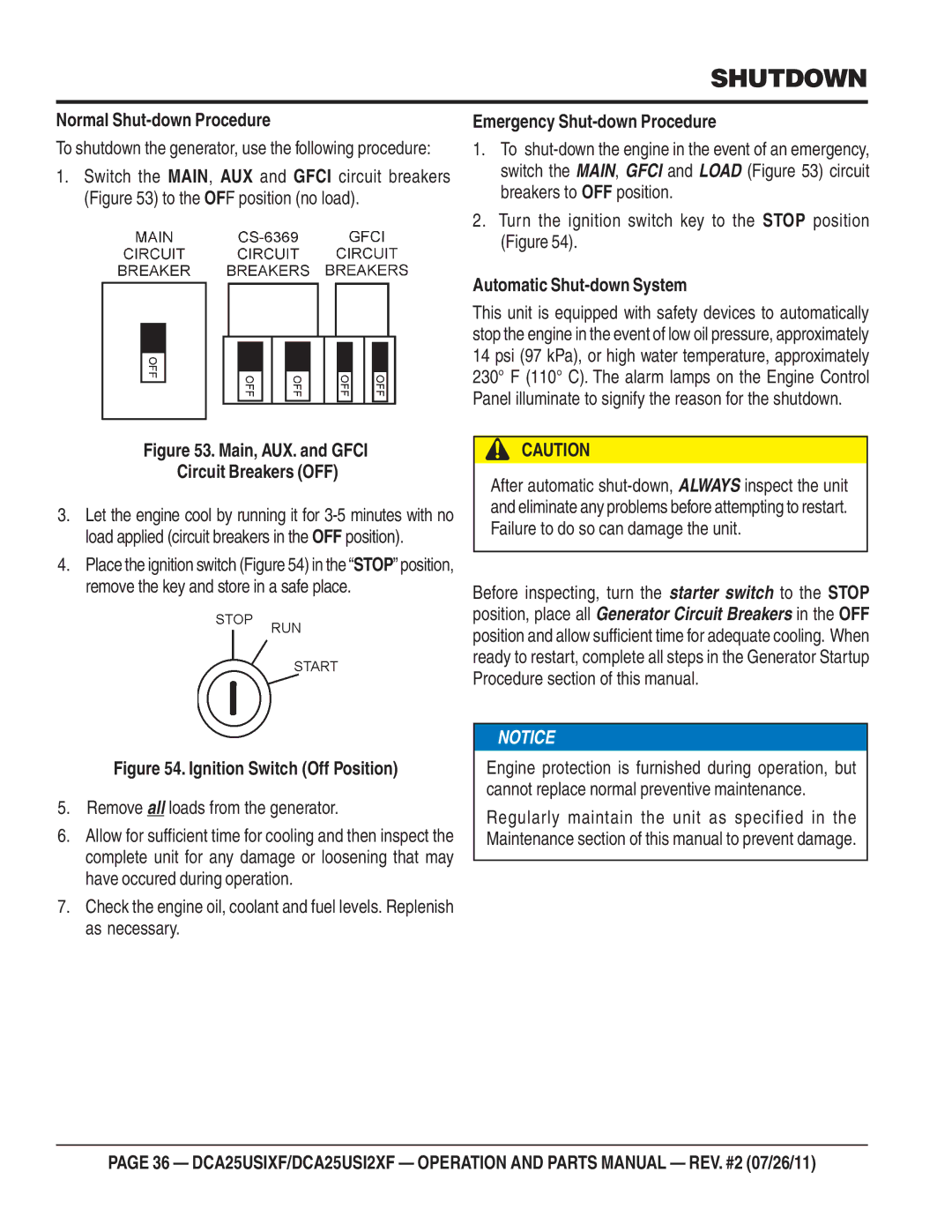 Multiquip DCA25USIXF Shutdown, Normal Shut-down Procedure, Emergency Shut-down Procedure, Automatic Shut-down System 