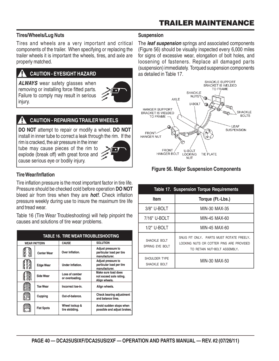 Multiquip DCA25USIXF, DCA25USI2XF operation manual Tires/Wheels/Lug Nuts, TireWear/Inflation, Suspension 