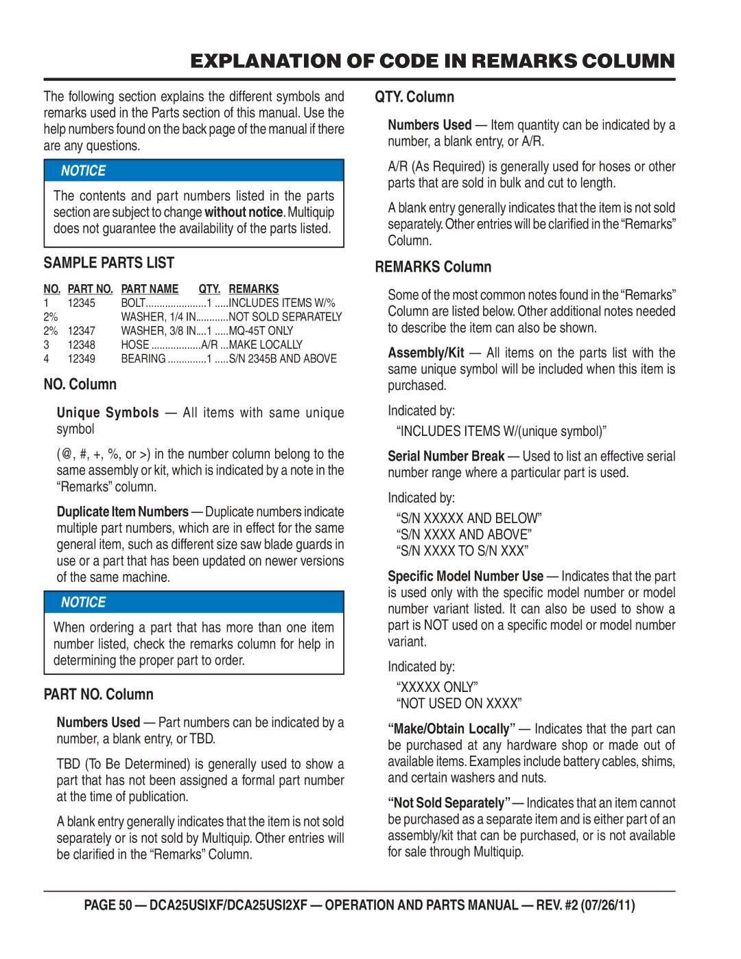 Multiquip DCA25USIXF, DCA25USI2XF Explanation of Code in Remarks Column, Sample Parts List, Xxxxx only Not Used on 