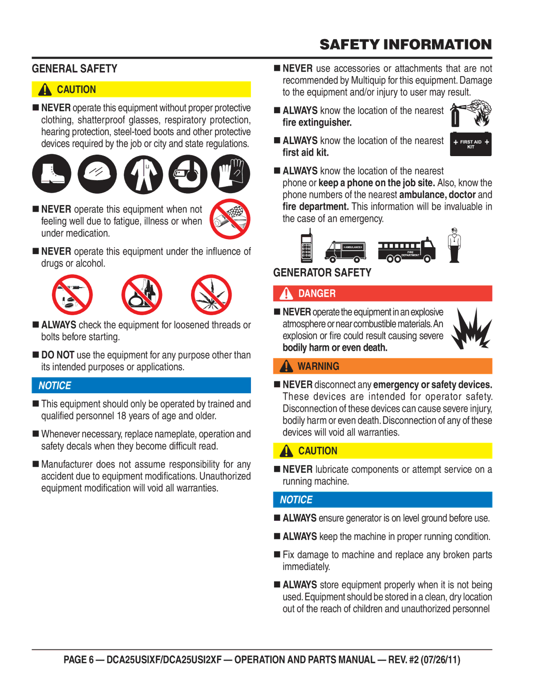 Multiquip DCA25USIXF General Safety, Generator Safety, „ Always know the location of the nearest, ﬁre extinguisher 