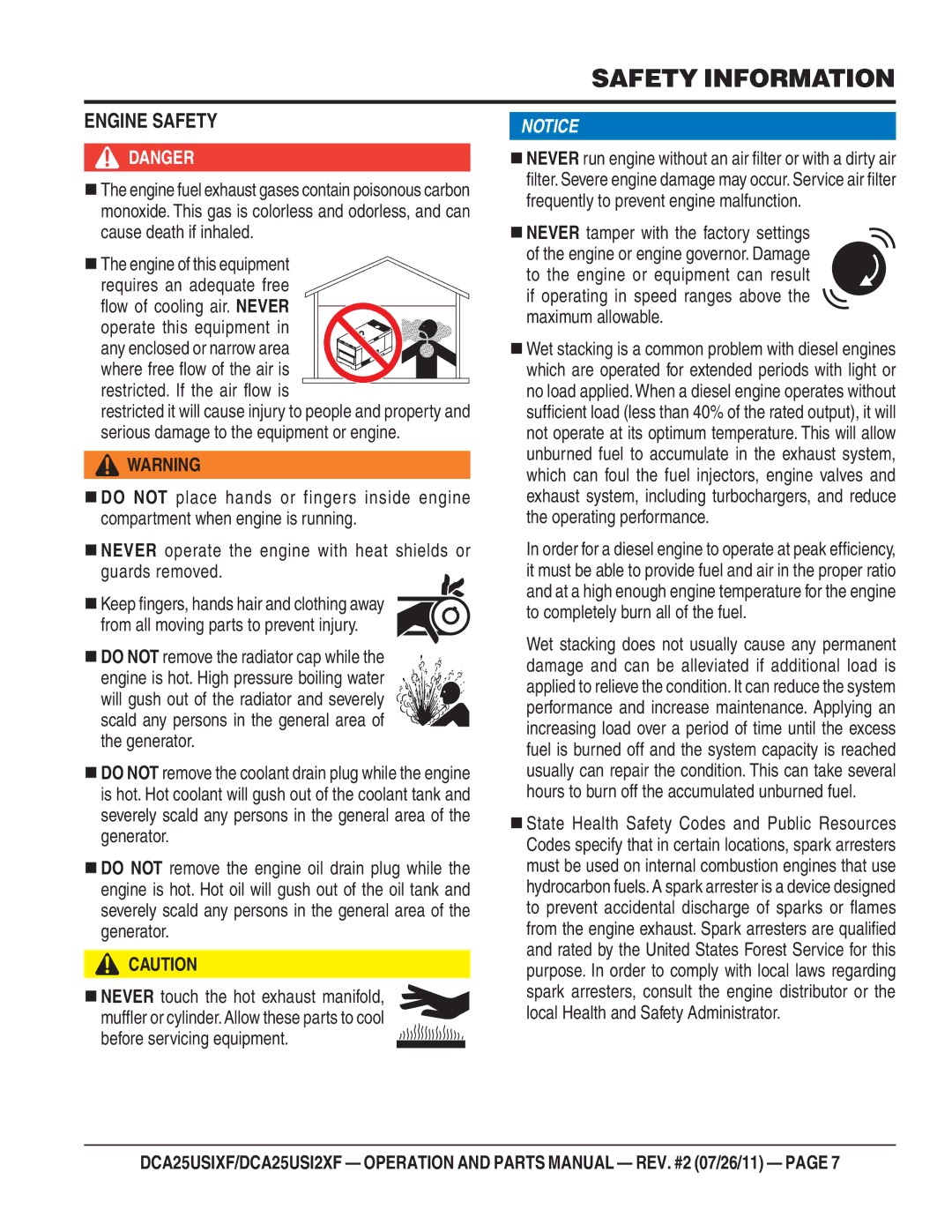 Multiquip DCA25USI2XF, DCA25USIXF operation manual Engine Safety, Before servicing equipment 