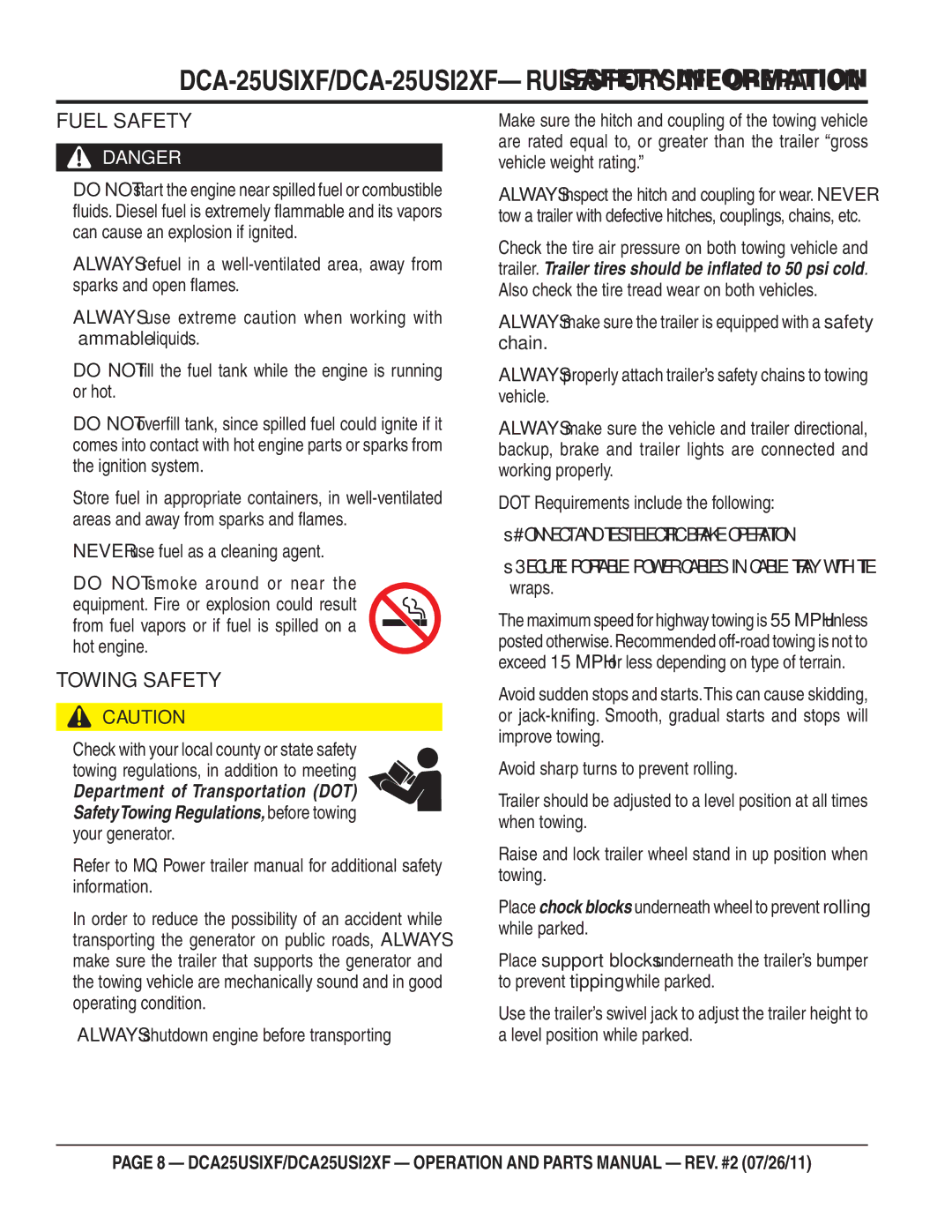 Multiquip DCA25USIXF, DCA25USI2XF operation manual Fuel Safety, Towing Safety, „ Never use fuel as a cleaning agent 