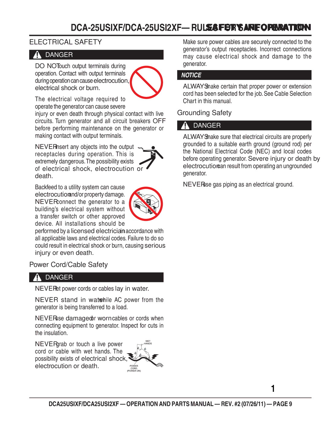 Multiquip DCA25USI2XF, DCA25USIXF operation manual Electrical Safety, Device. All installations should be 