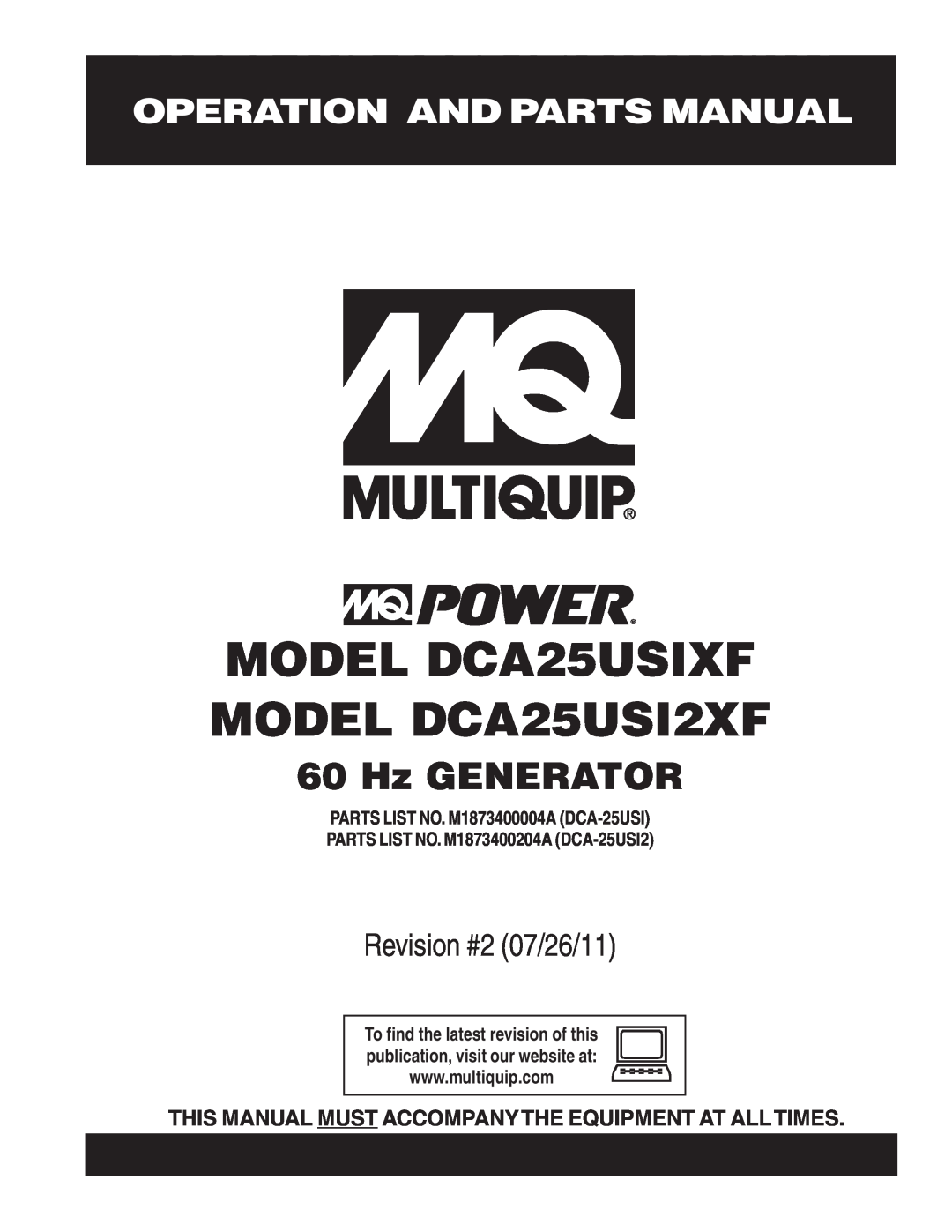 Multiquip DCA25USI2XF operation manual Operation And Parts Manual, PARTS LIST NO. M1873400004A DCA-25USI, Hz GENERATOR 