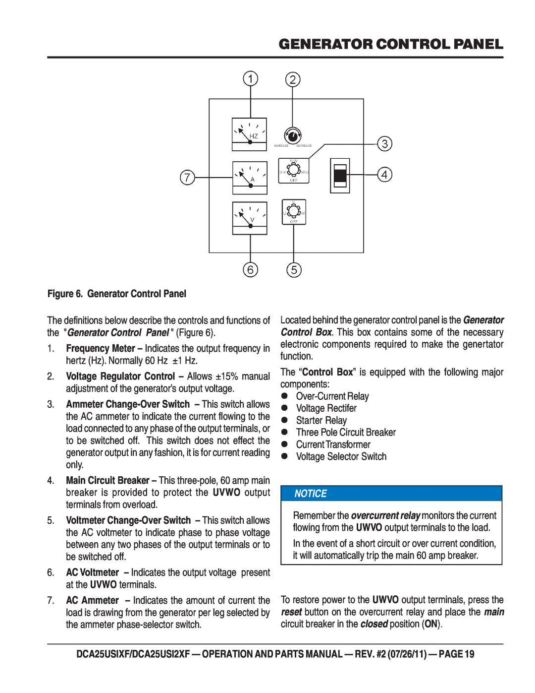 Multiquip DCA25USI2XF, DCA25USIXF operation manual Generator Control Panel 