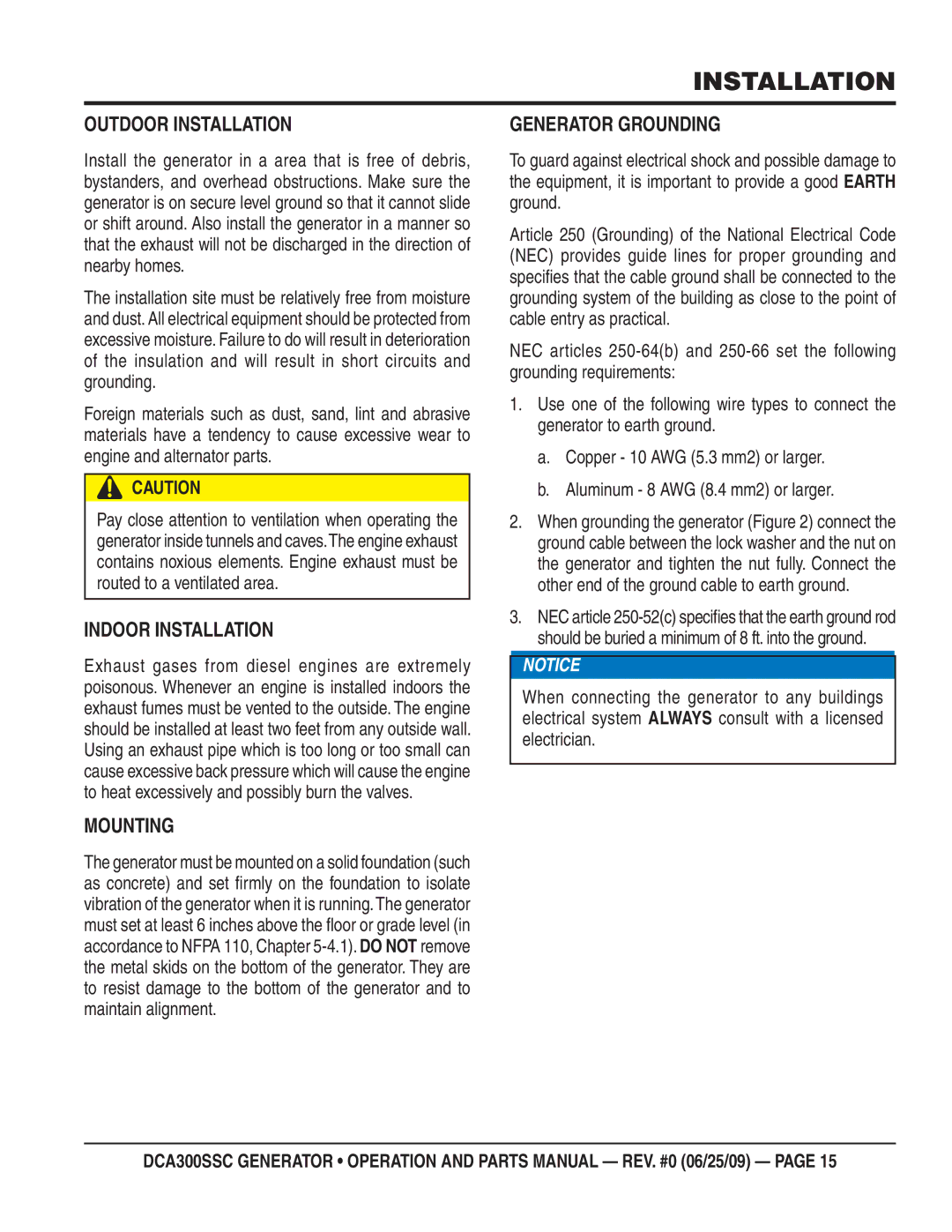 Multiquip DCA300SSC manual Outdoor Installation, Indoor Installation, Mounting, Generator Grounding 