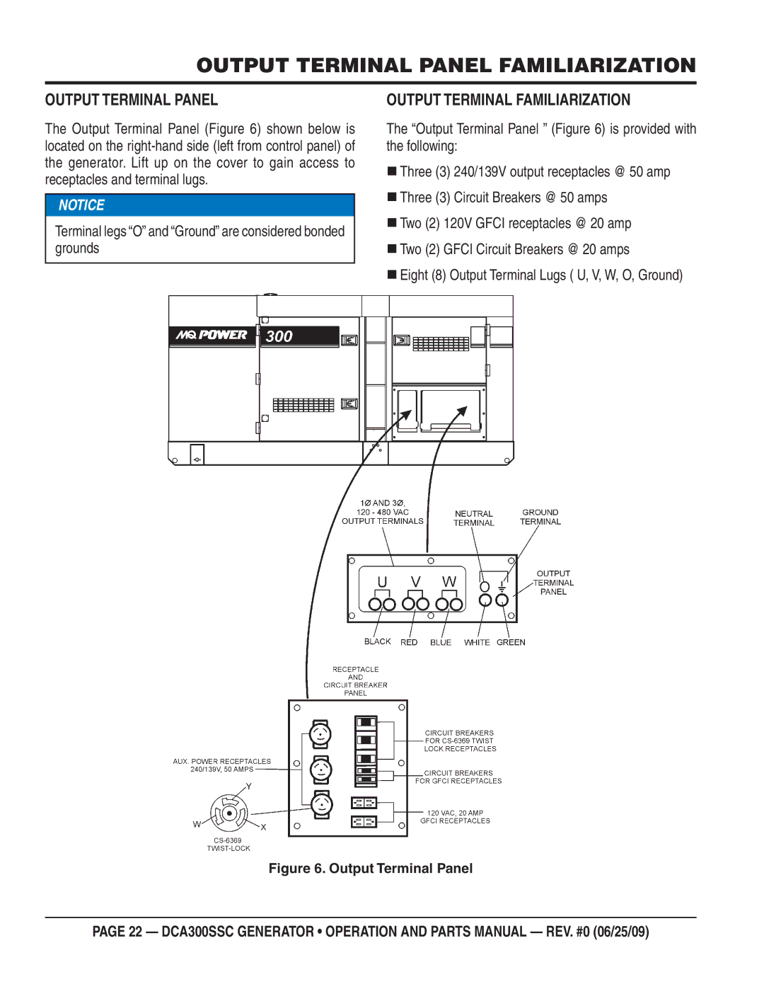 Multiquip DCA300SSC manual Output Terminal Panel Familiarization, Output Terminal Familiarization 