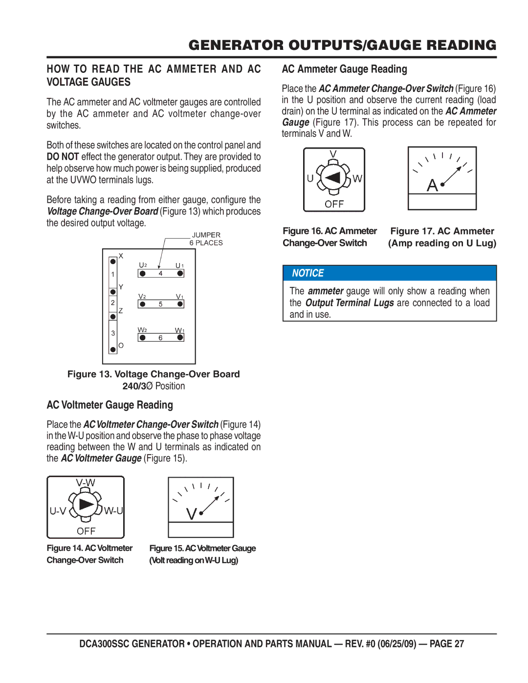 Multiquip DCA300SSC Generator OUTPUTS/GAUGE Reading, HOW to Read the AC Ammeter and AC Voltage Gauges, 240/3Ø Position 