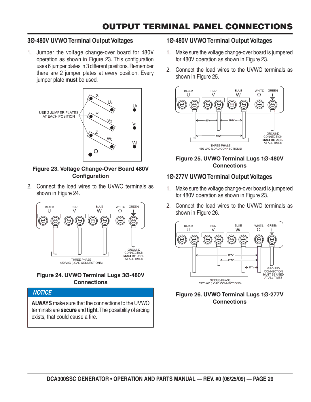 Multiquip DCA300SSC manual 3Ø-480V Uvwo Terminal Output Voltages, 1Ø-480V Uvwo Terminal Output Voltages 