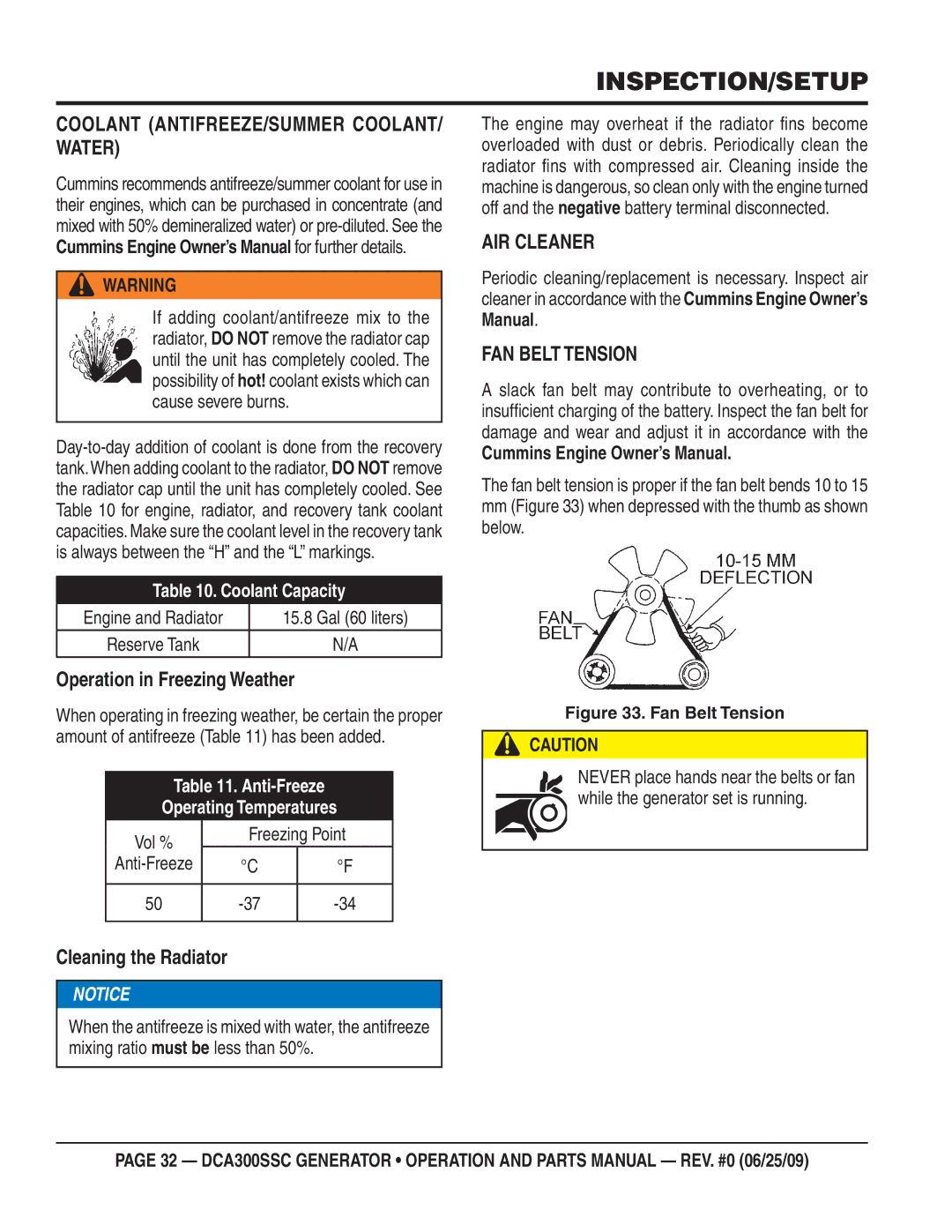 Multiquip DCA300SSC manual Coolant ANTIFREEZE/SUMMER COOLANT/ Water, Operation in Freezing Weather, Cleaning the Radiator 