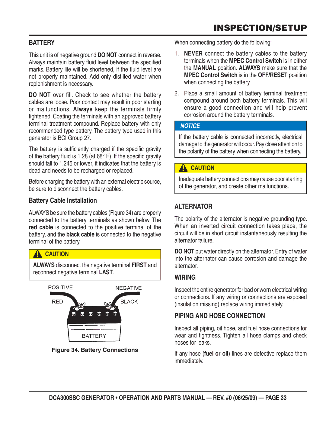 Multiquip DCA300SSC manual Battery Cable Installation, Alternator, Wiring, Piping and Hose Connection 