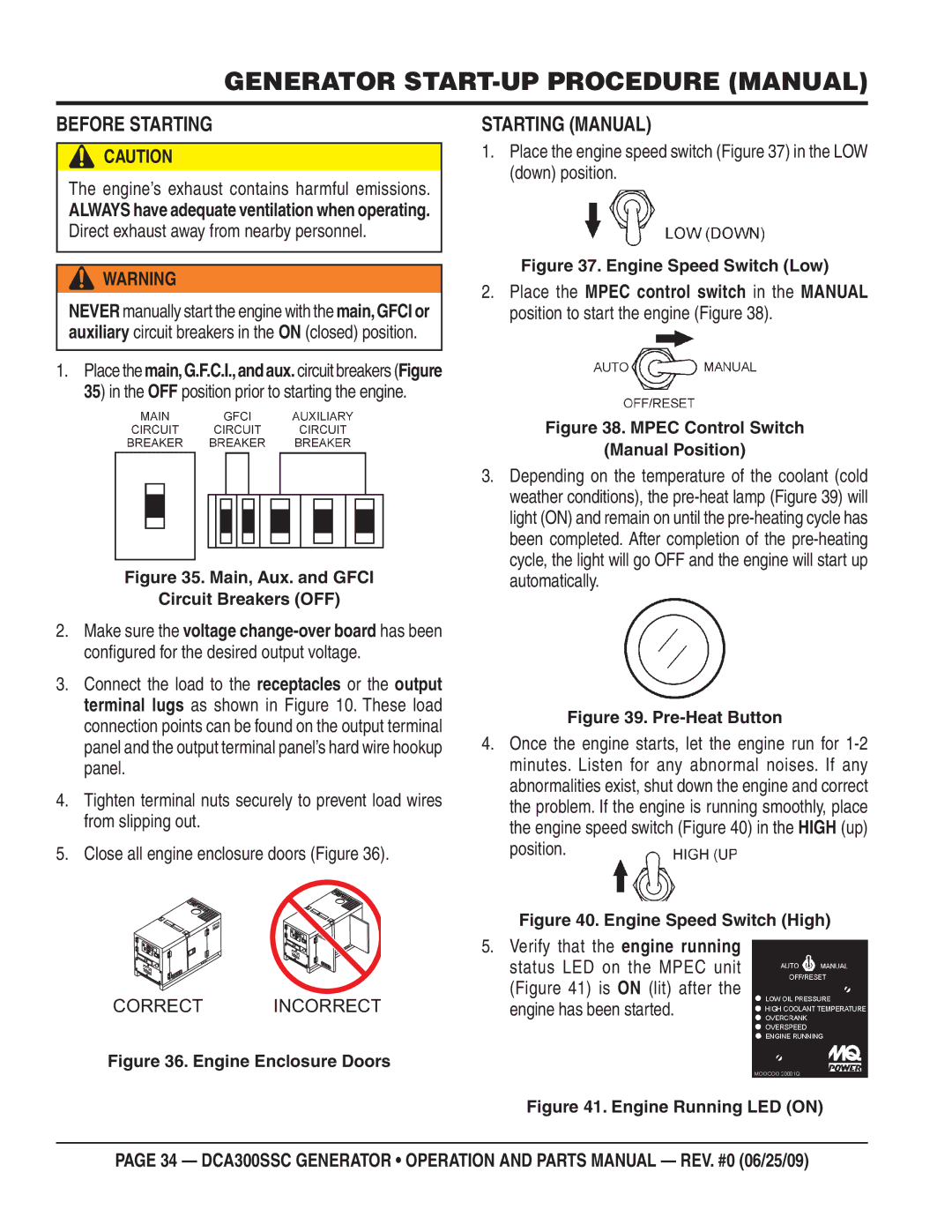 Multiquip DCA300SSC manual Generator START-UP Procedure Manual, Before Starting, Starting Manual 