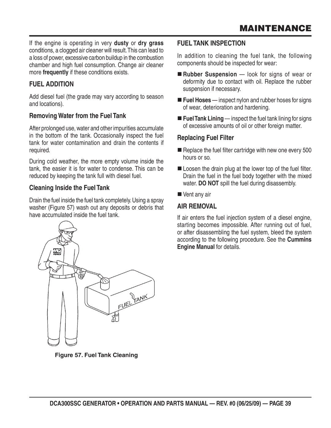 Multiquip DCA300SSC manual Fuel Addition, Fuel Tank Inspection, AIR Removal 