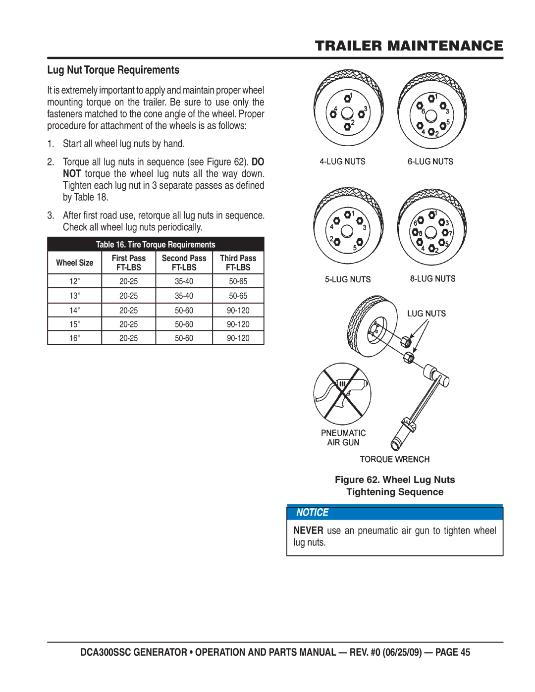 Multiquip DCA300SSC manual Lug Nut Torque Requirements, Never use an pneumatic air gun to tighten wheel lug nuts 