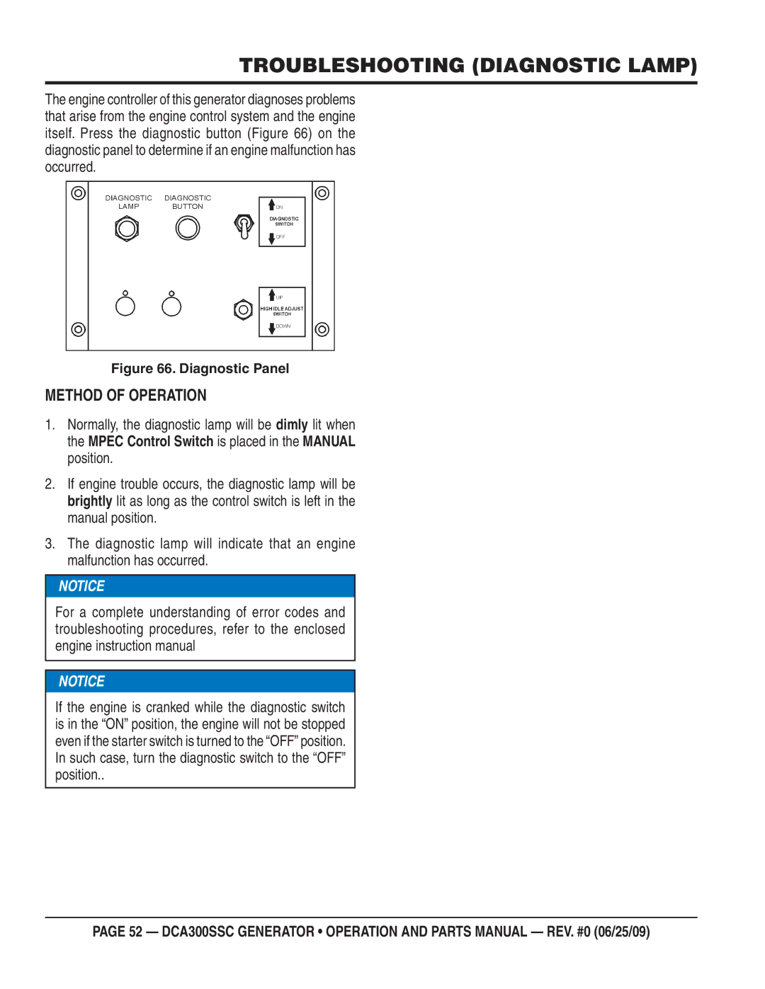 Multiquip DCA300SSC manual Troubleshooting Diagnostic Lamp, Method of Operation 