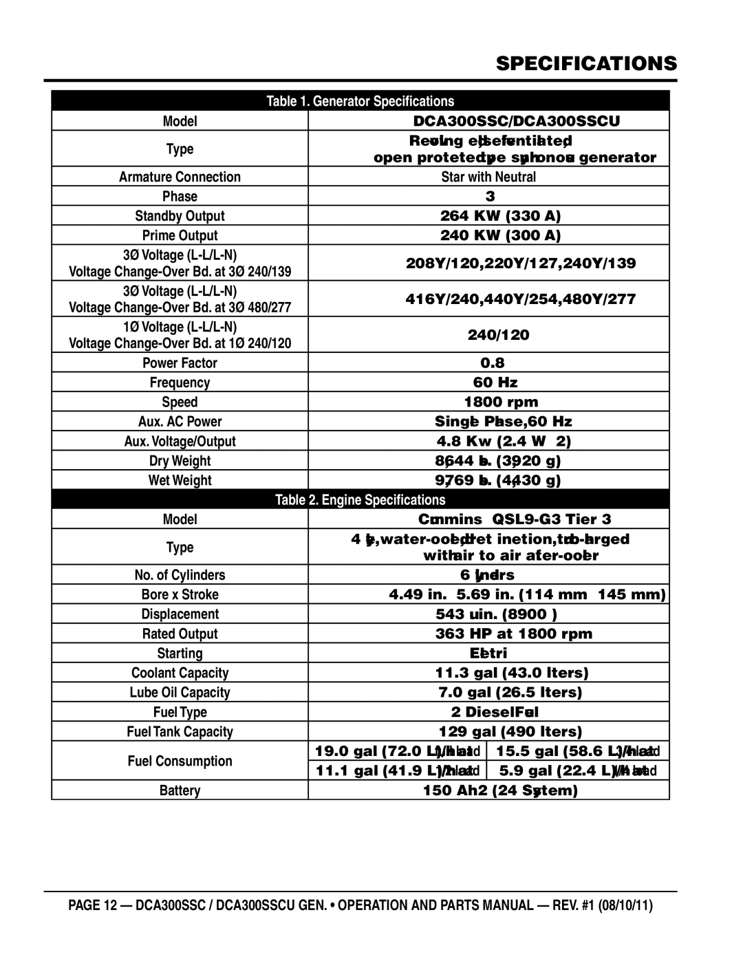 Multiquip manual Specifications, DCA300SSC/DCA300SSCU 