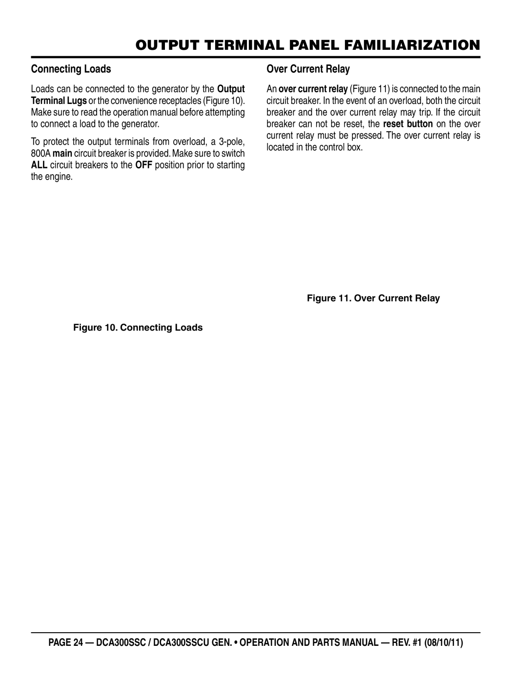 Multiquip DCA300SSCU manual Connecting Loads, Over Current Relay 