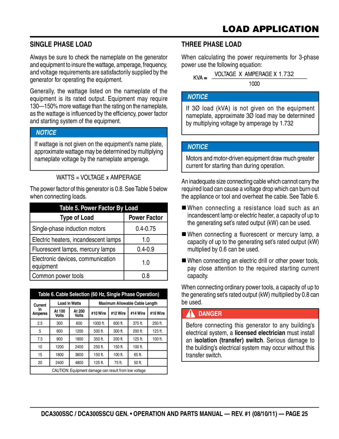 Multiquip DCA300SSCU manual Load Application, Single Phase Load, Three Phase Load 